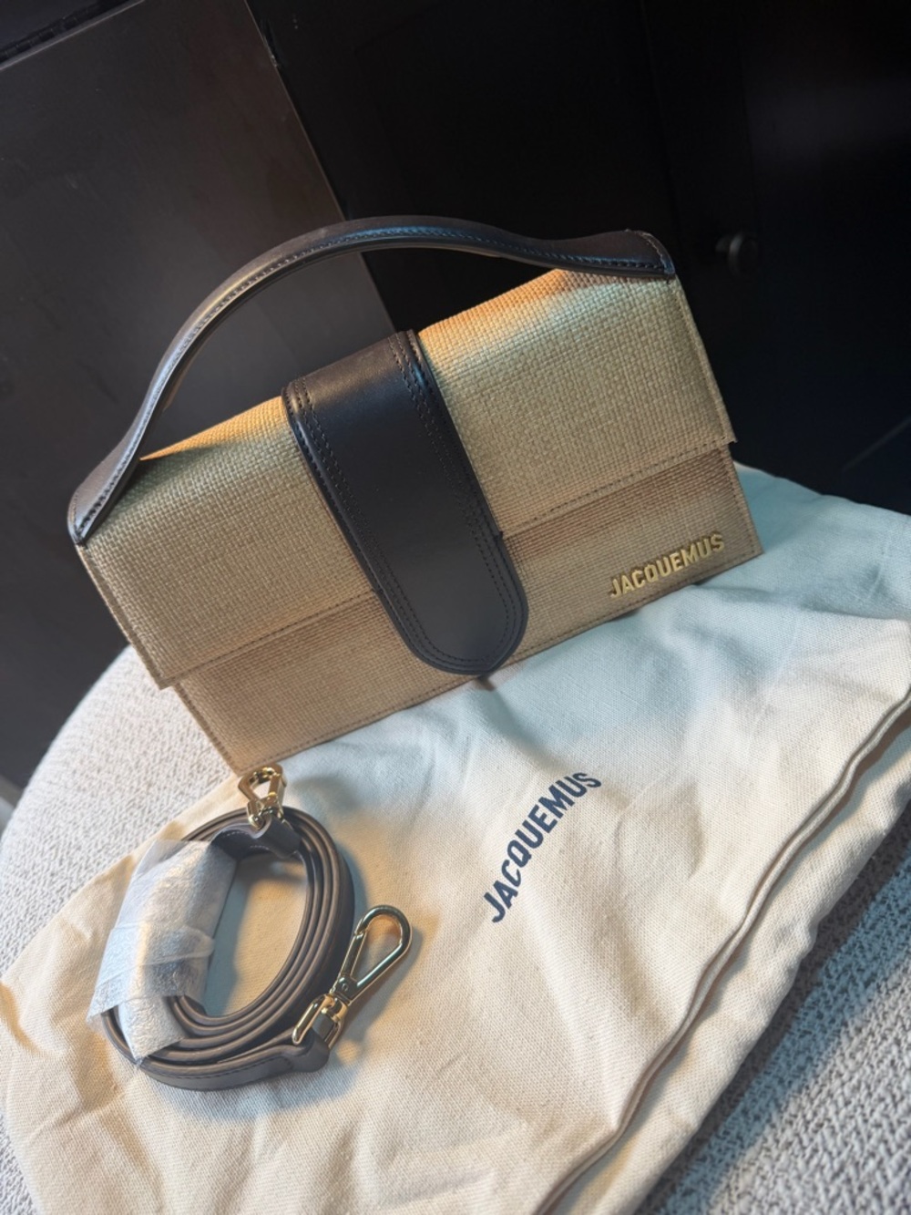 100% Jacquemus Beige Raffia Shoulder Bag with Black Leather Strap
